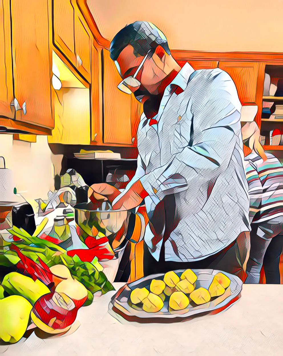 Stylized illustration of KJ preparing food in a kitchen